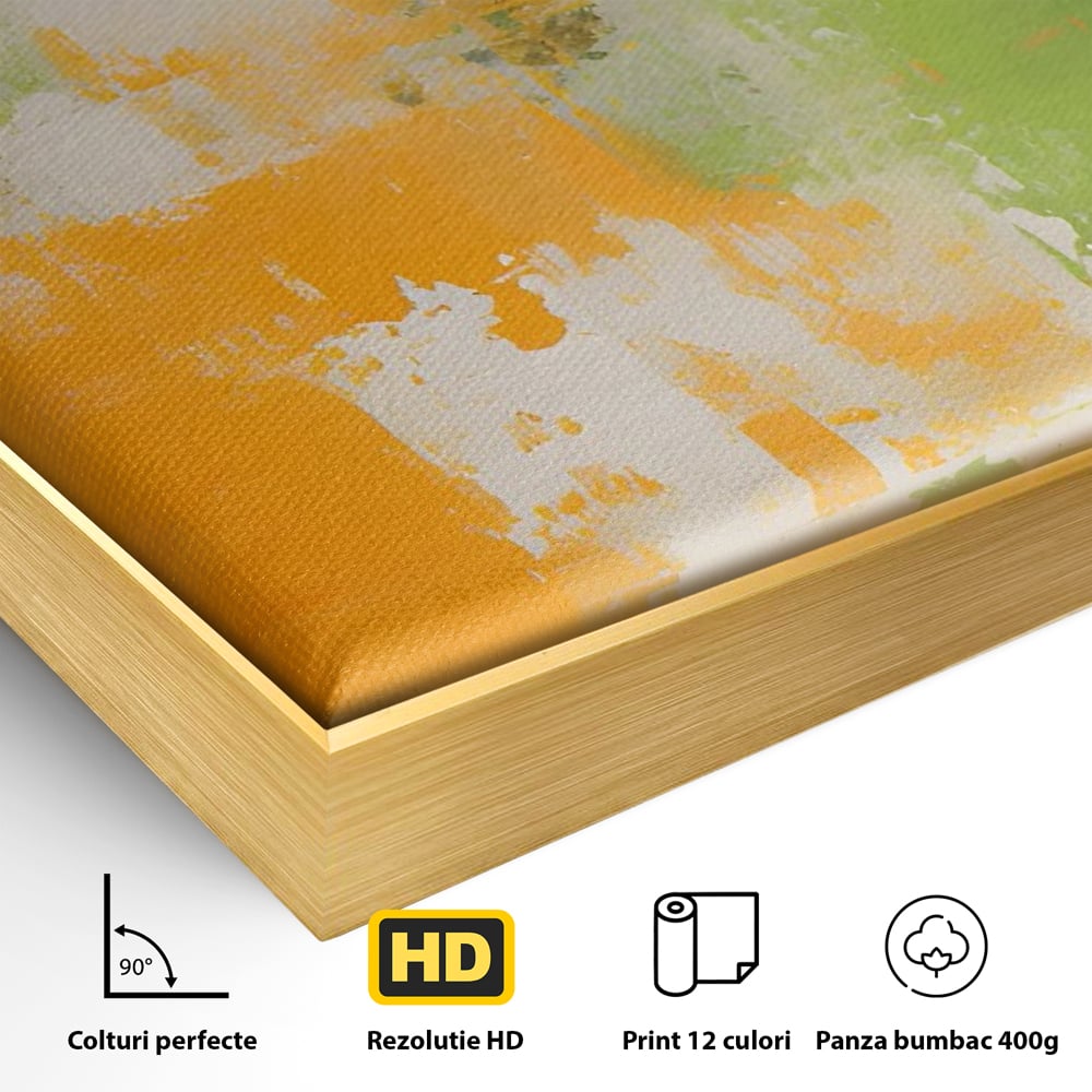 Detaliu al suprafetei: pictura abstracta cu portocaliu si verde, in rama de aluminiu auriu