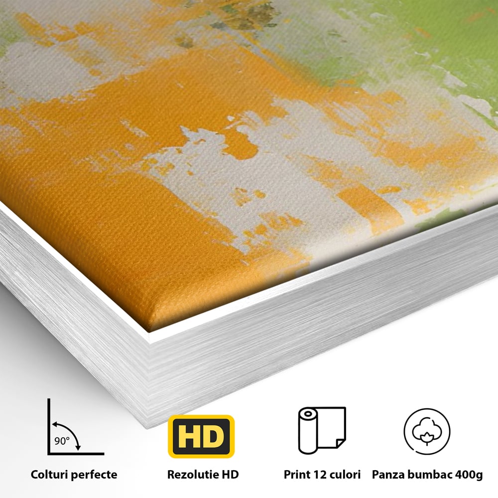 Detaliu al suprafetei: pictura abstracta cu portocaliu si verde, in rama de aluminiu argintiu