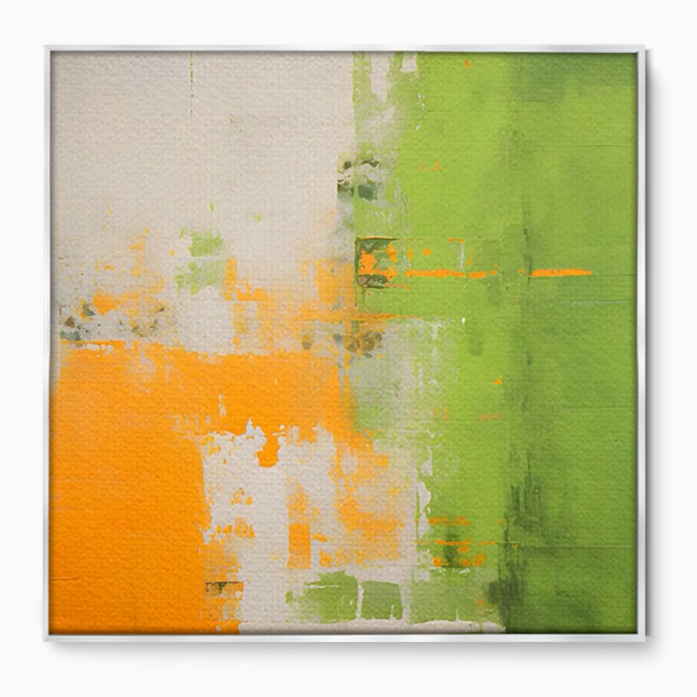 Tablou canvas cu pictura abstracta cu portocaliu si verde, in rama de aluminiu argintiu