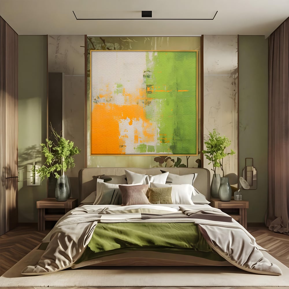 Tablou canvas cu pictura abstracta cu portocaliu si verde, in rama de aluminiu auriu, pe perete intr-un dormitor