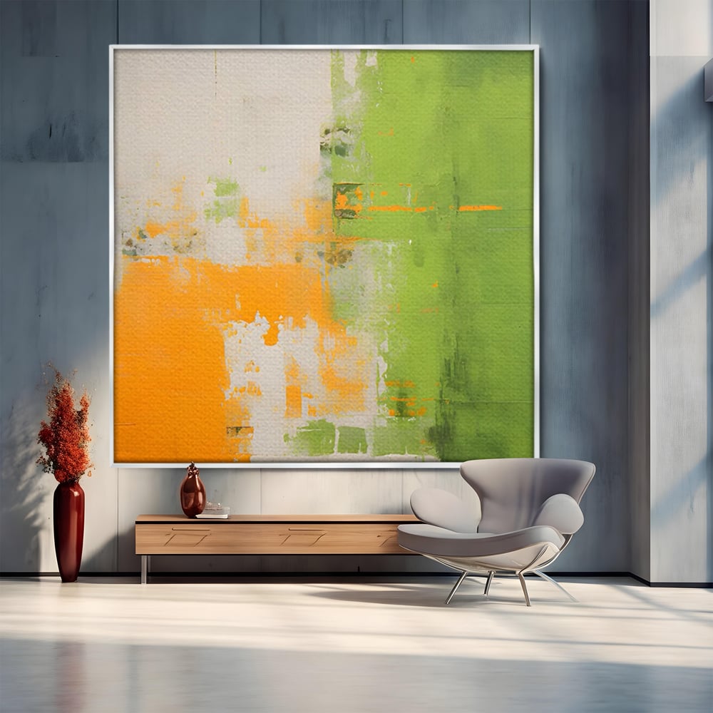 Tablou canvas cu pictura abstracta cu portocaliu si verde, in rama de aluminiu argintiu