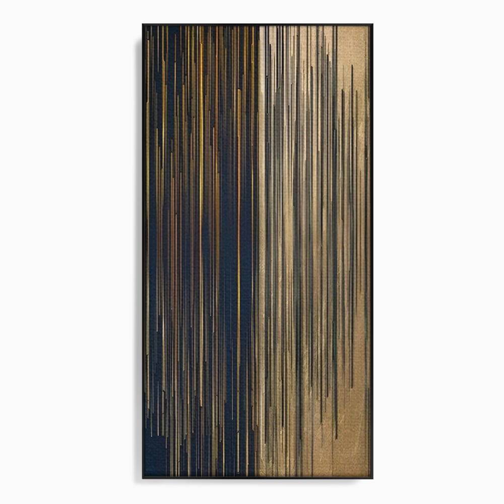 Tablou canvas cu tablou abstract cu dungi verticale aurii si negre, in rama de aluminiu negru
