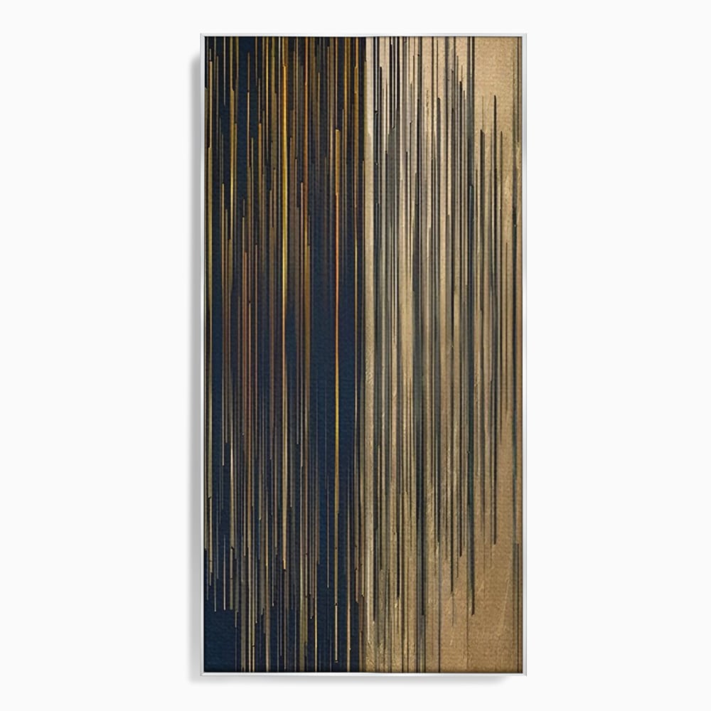 Tablou canvas cu tablou abstract cu dungi verticale aurii si negre, in rama de aluminiu argintiu