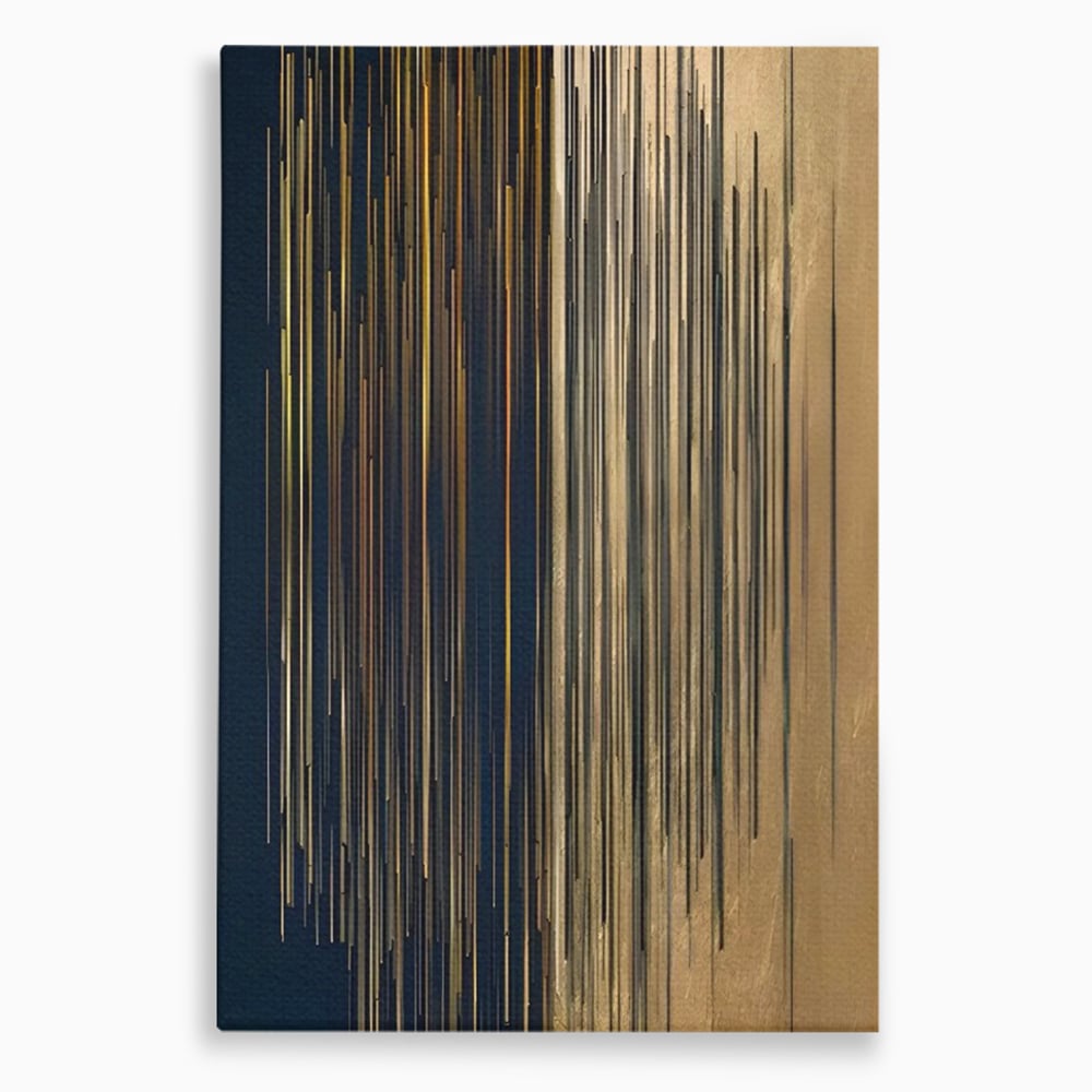 Tablou canvas cu tablou abstract cu dungi verticale aurii si negre, fara rama, pe sasiu de lemn