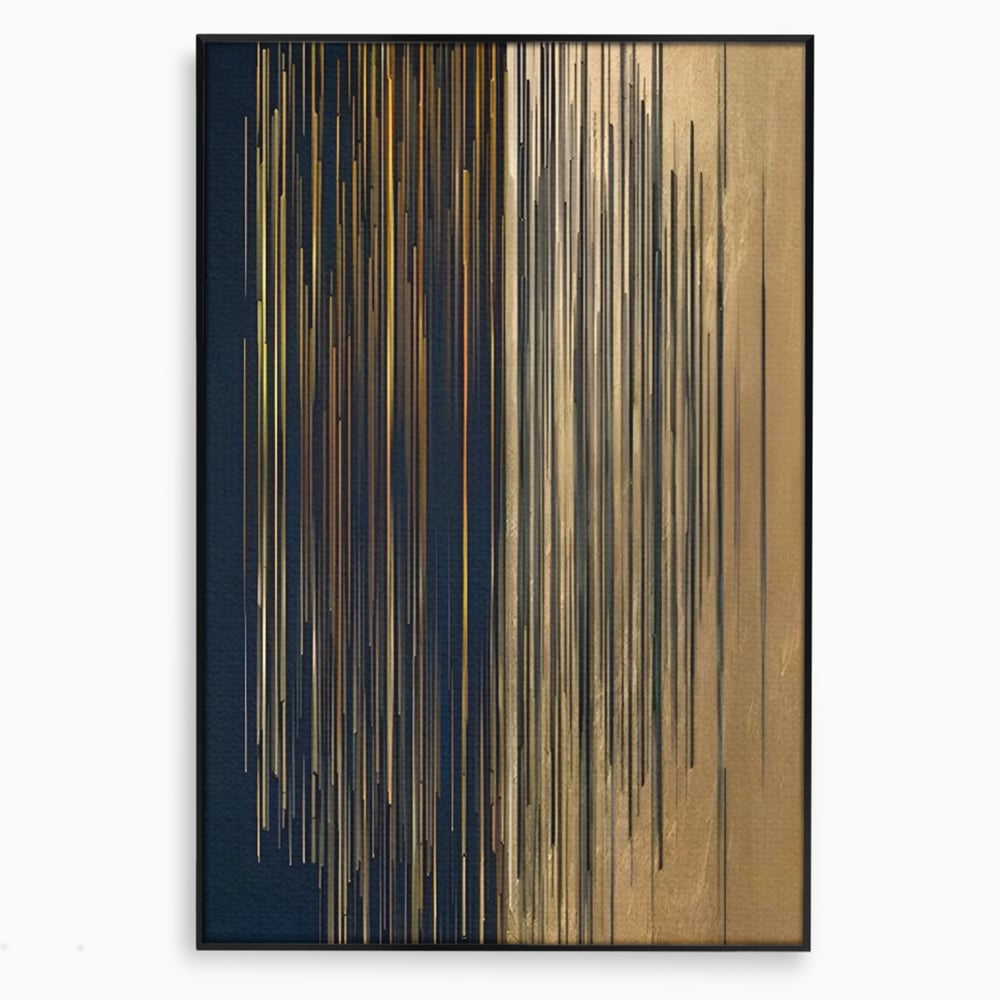 Tablou canvas cu tablou abstract cu dungi verticale aurii si negre, in rama de aluminiu negru
