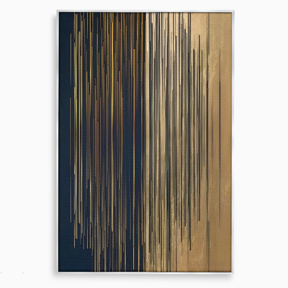 Tablou canvas cu tablou abstract cu dungi verticale aurii si negre, in rama de aluminiu argintiu