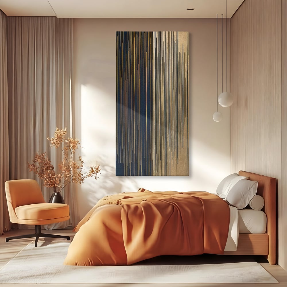 Tablou canvas cu tablou abstract cu dungi verticale aurii si negre, fara rama, pe sasiu de lemn, pe perete intr-un dormitor