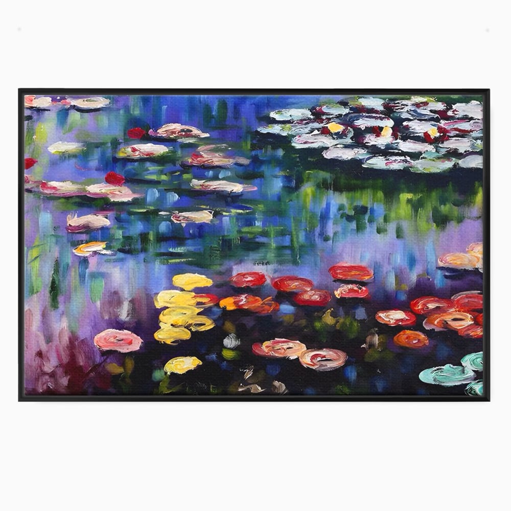 Tablou canvas cu reproducere pictura nuferi pe lac, in rama de aluminiu negru