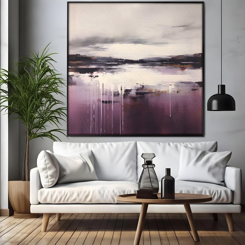 Tablou canvas cu pictura abstracta cu peisaj si picaturi albe, in rama de aluminiu negru, pe perete intr-un living