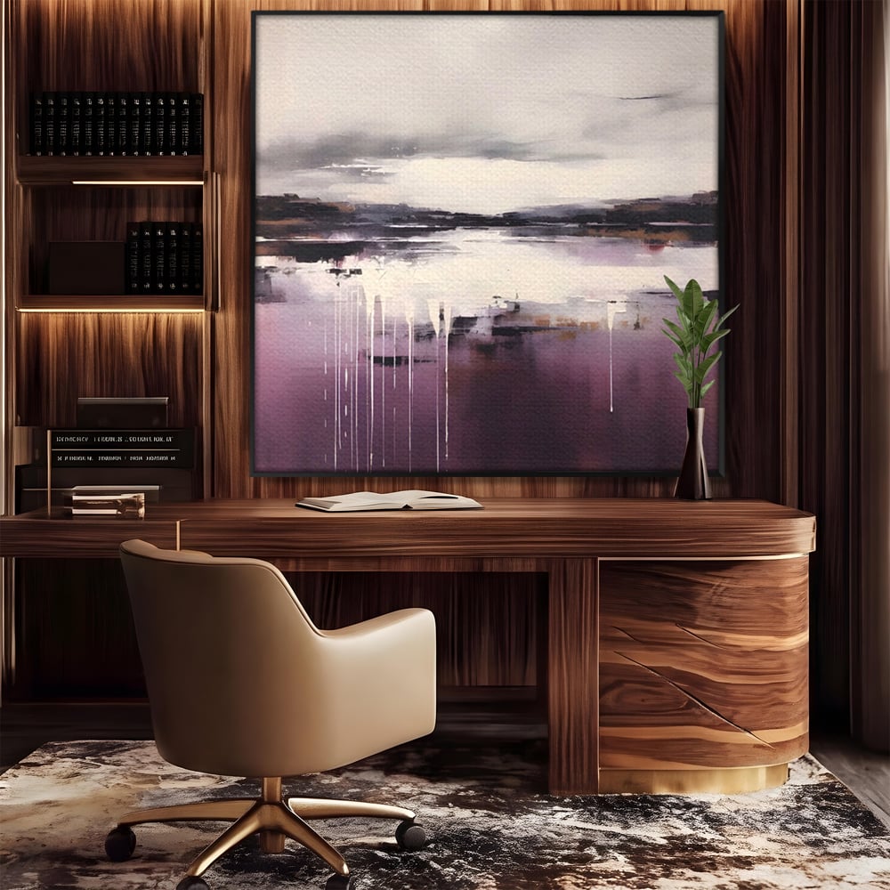 Tablou canvas cu pictura abstracta cu peisaj si picaturi albe, in rama de aluminiu negru, pe perete intr-un birou