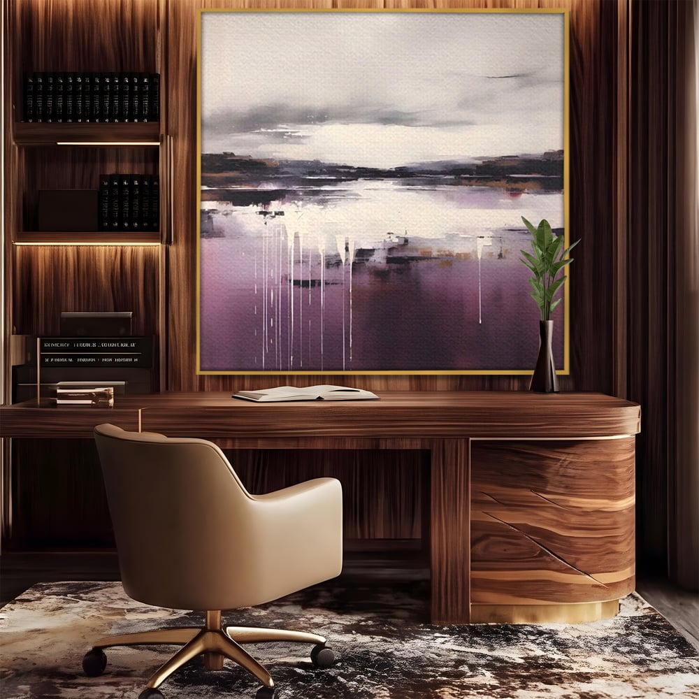Tablou canvas cu pictura abstracta cu peisaj si picaturi albe, in rama de aluminiu auriu, pe perete intr-un birou