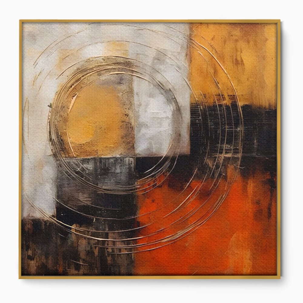 Tablou canvas cu pictura abstracta cu cercuri suprapuse, in rama de aluminiu auriu