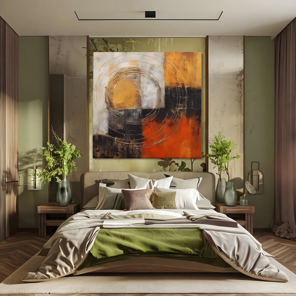 Tablou canvas cu pictura abstracta cu cercuri suprapuse, fara rama, pe sasiu de lemn, pe perete intr-un dormitor