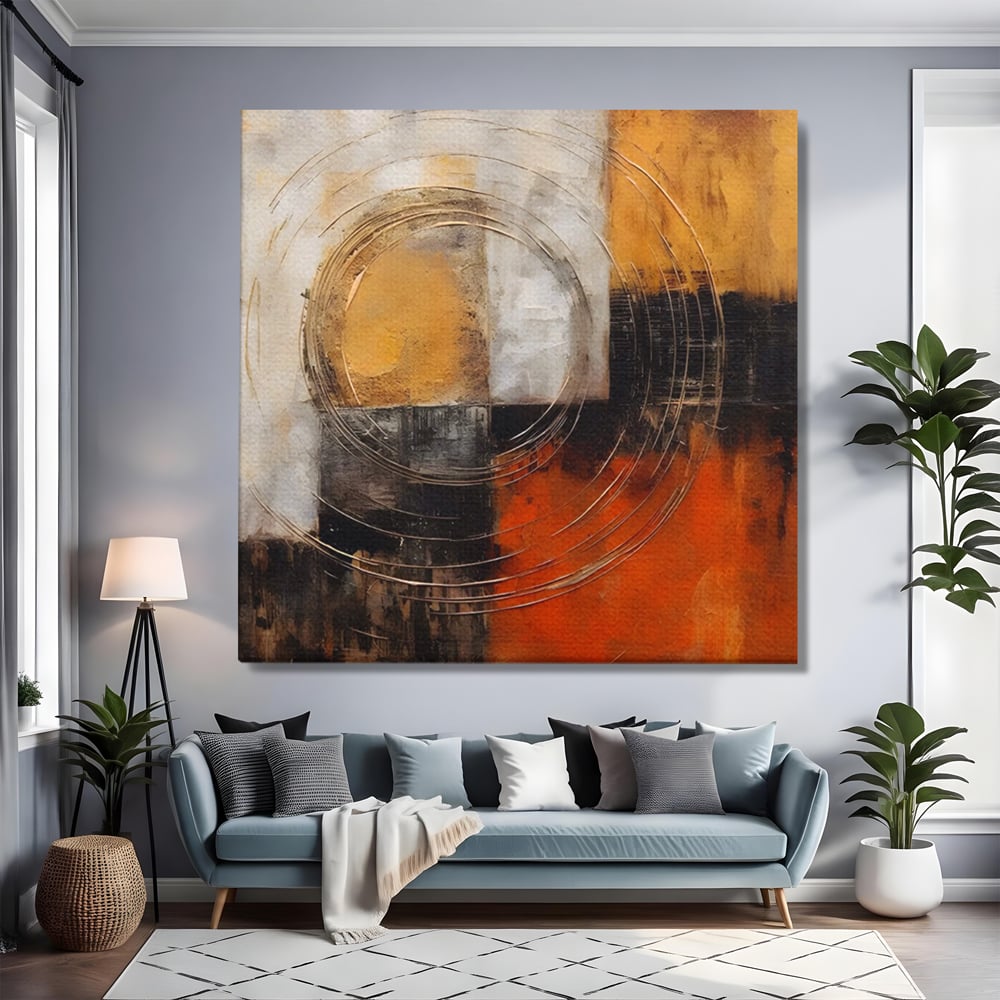 Tablou canvas cu pictura abstracta cu cercuri suprapuse, fara rama, pe sasiu de lemn, pe perete intr-un living