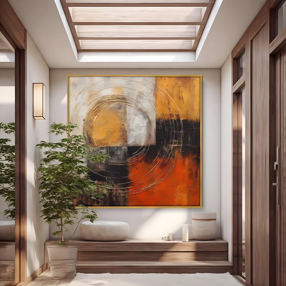 Tablou canvas cu pictura abstracta cu cercuri suprapuse, in rama de aluminiu auriu