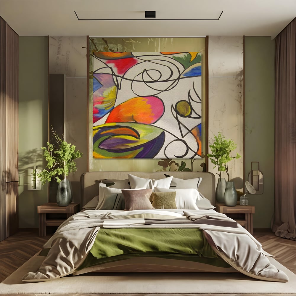 Tablou canvas cu pictura abstracta cu forme colorate si linii negre, fara rama, pe sasiu de lemn, pe perete intr-un dormitor