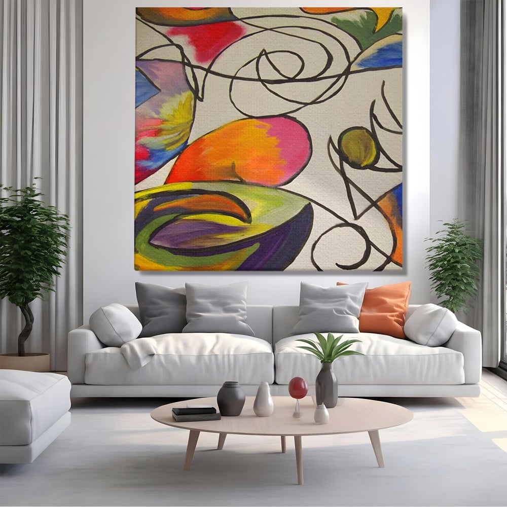 Tablou canvas cu pictura abstracta cu forme colorate si linii negre, fara rama, pe sasiu de lemn, pe perete intr-un living
