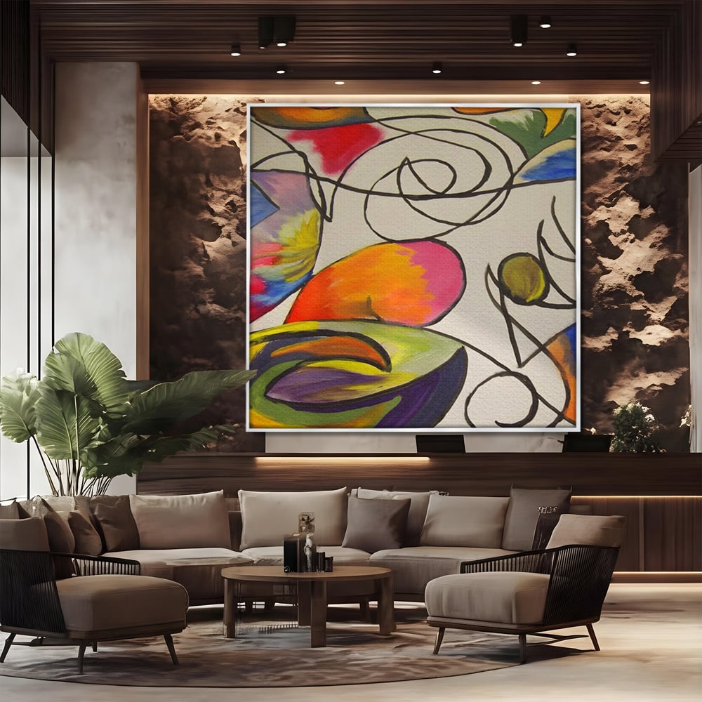 Tablou canvas cu pictura abstracta cu forme colorate si linii negre, in rama de aluminiu argintiu, pe perete intr-un birou
