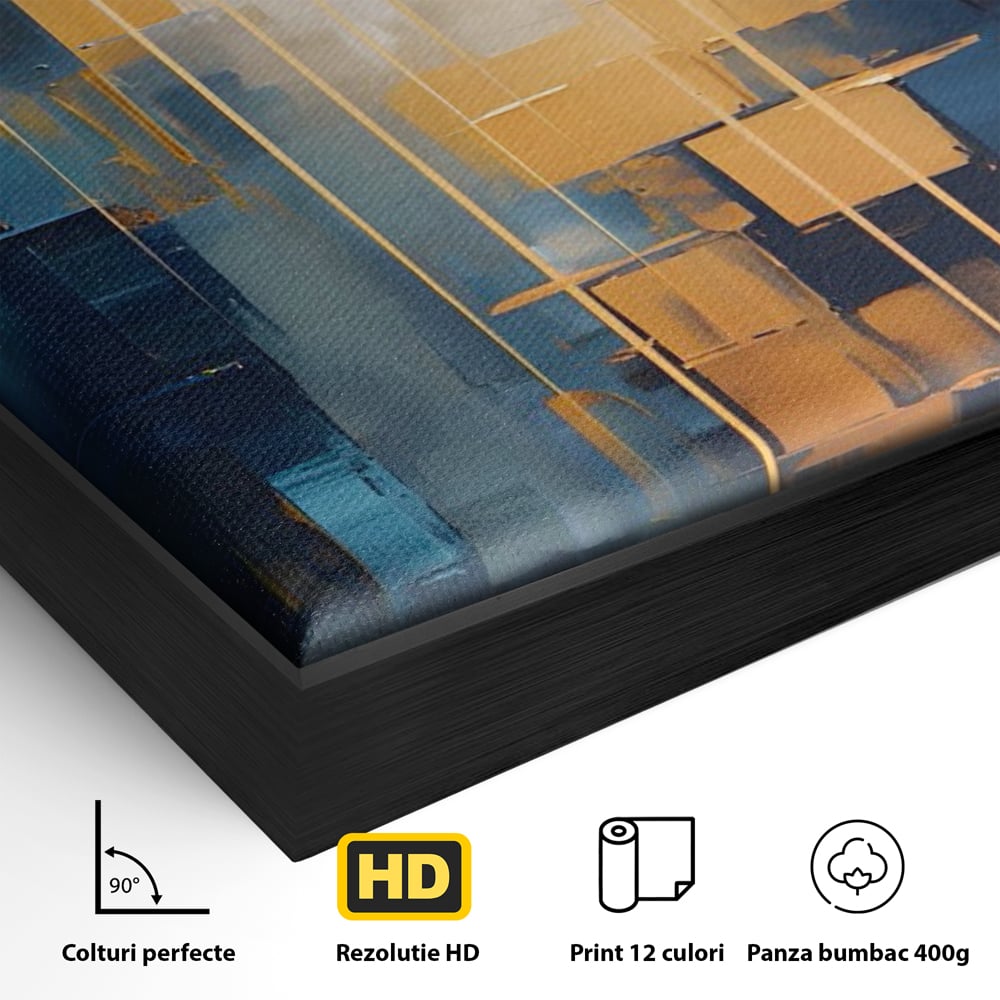 Detaliu al suprafetei: pictura abstracta cu linii aurii, in rama de aluminiu negru