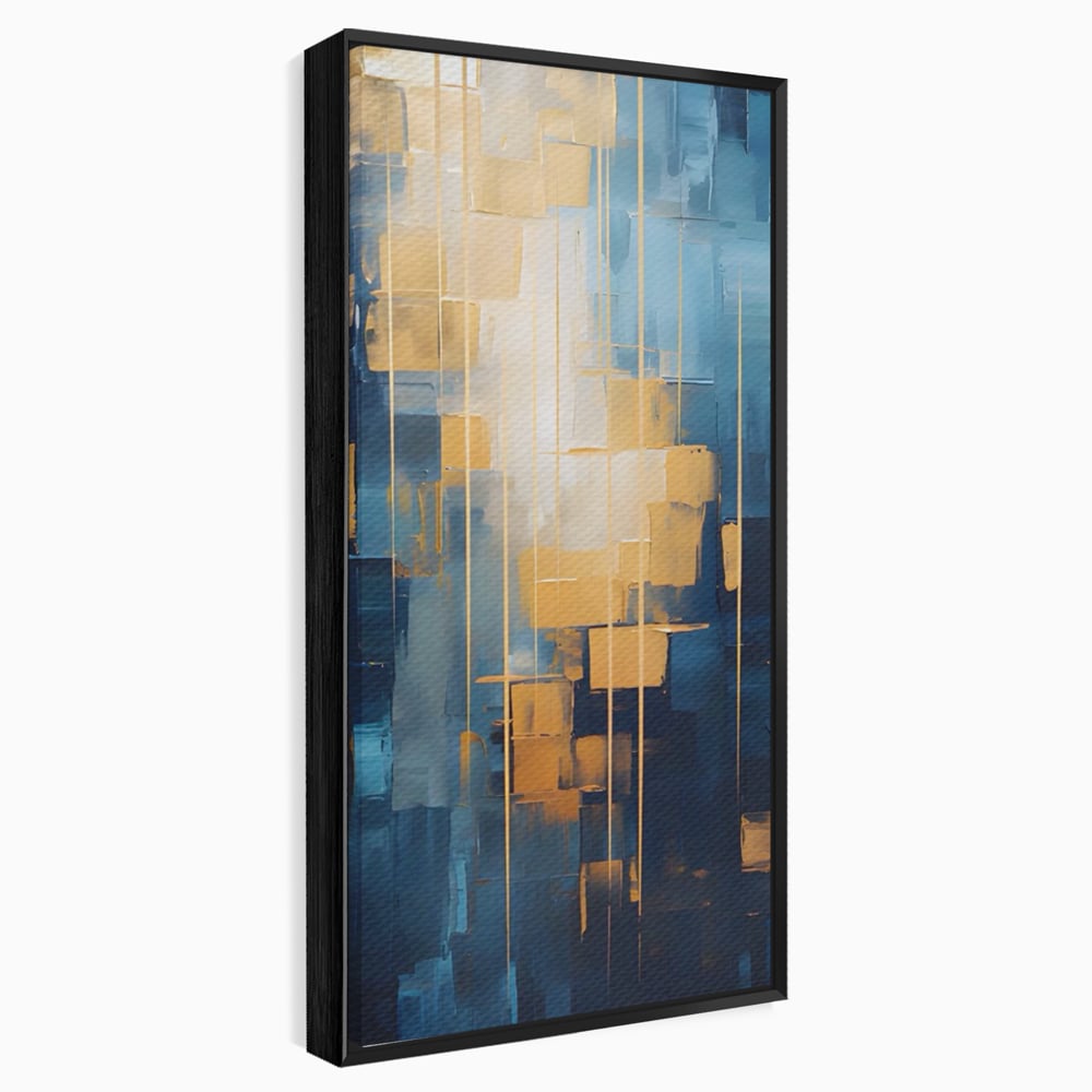 Tablou canvas cu pictura abstracta cu linii aurii, in rama de aluminiu negru