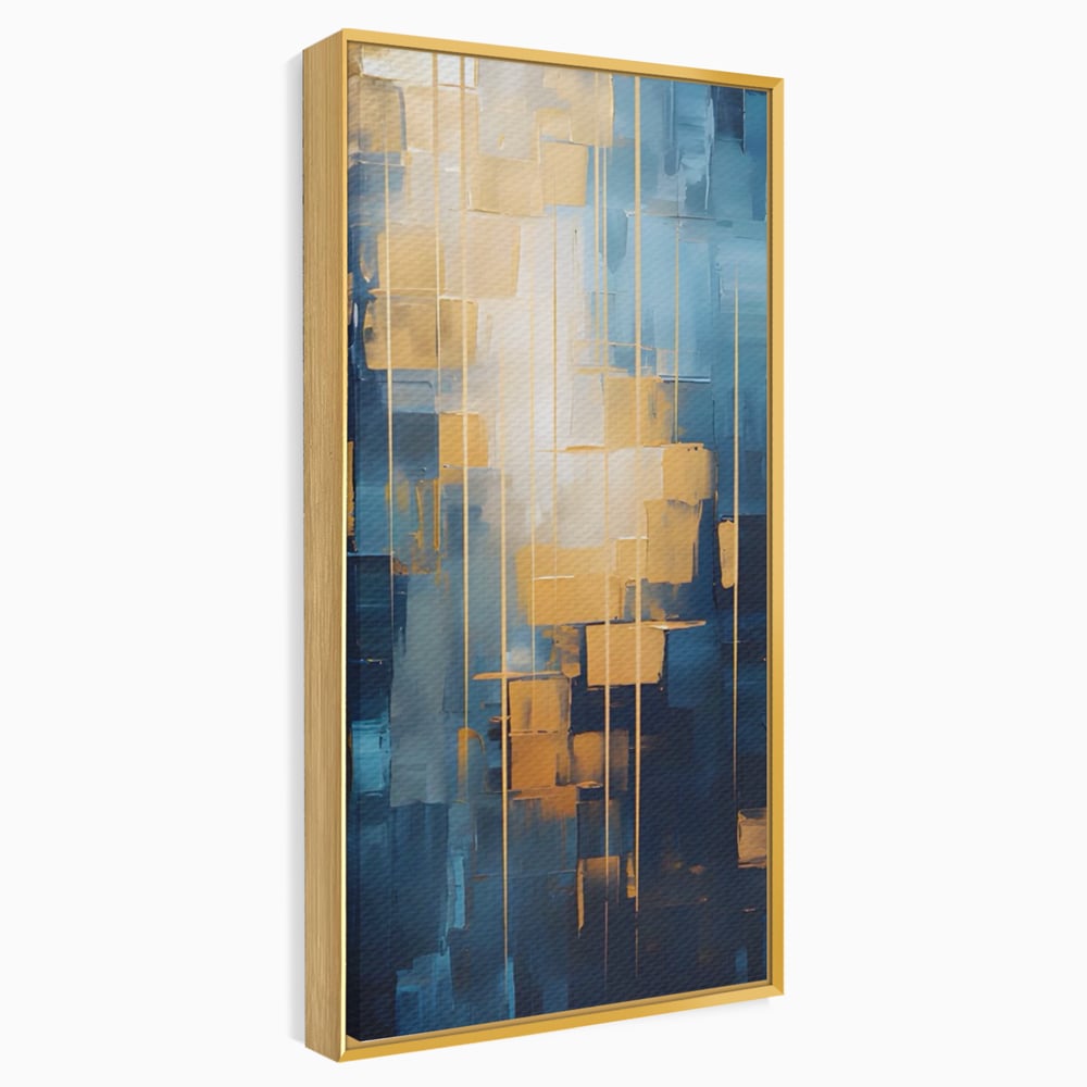 Tablou canvas cu pictura abstracta cu linii aurii, in rama de aluminiu auriu