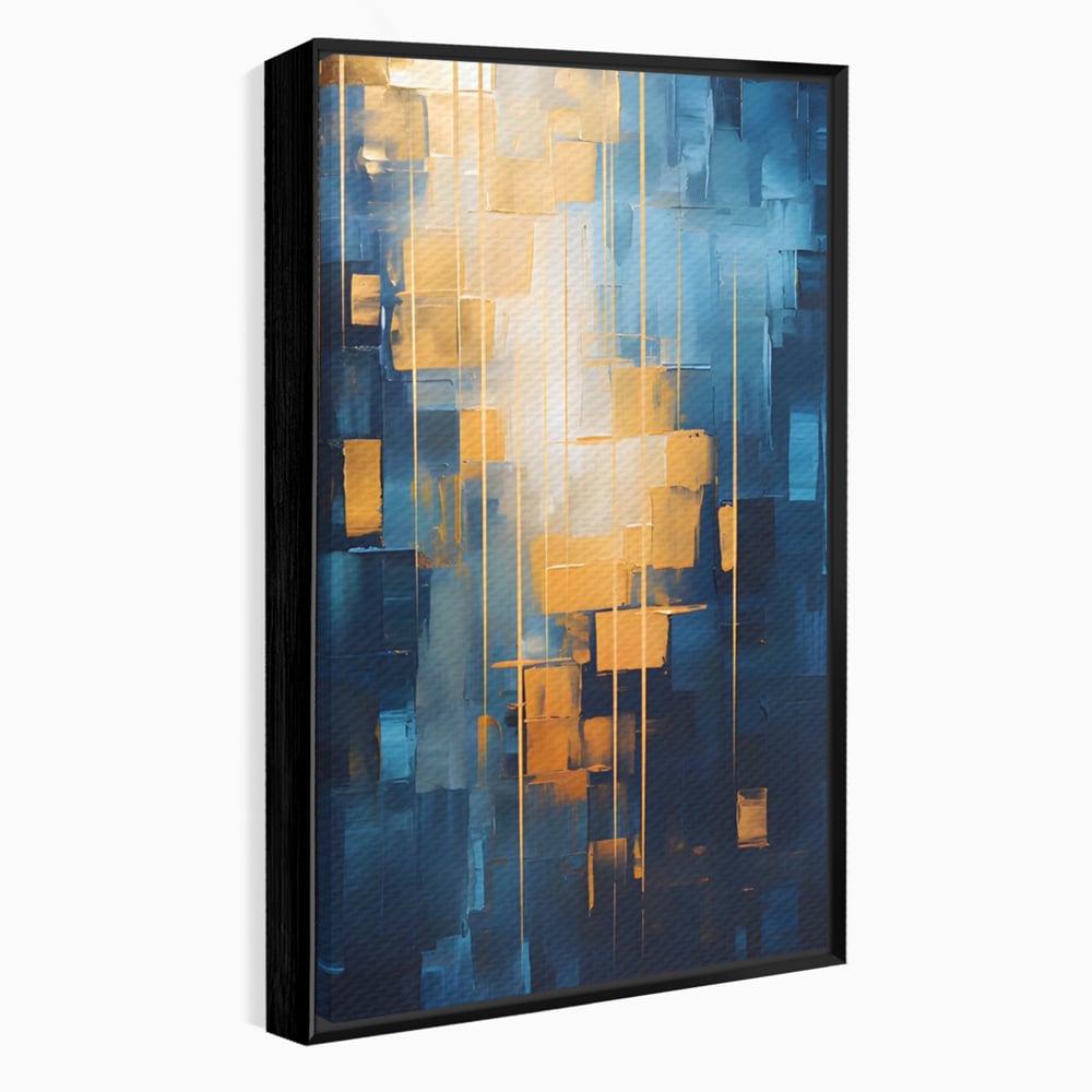 Tablou canvas cu pictura abstracta cu linii aurii, in rama de aluminiu negru
