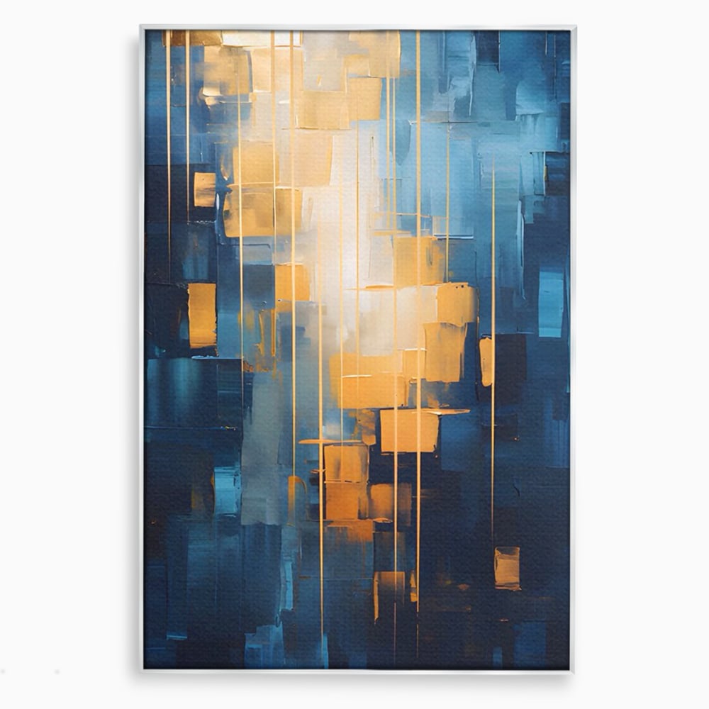 Tablou canvas cu pictura abstracta cu linii aurii, in rama de aluminiu argintiu