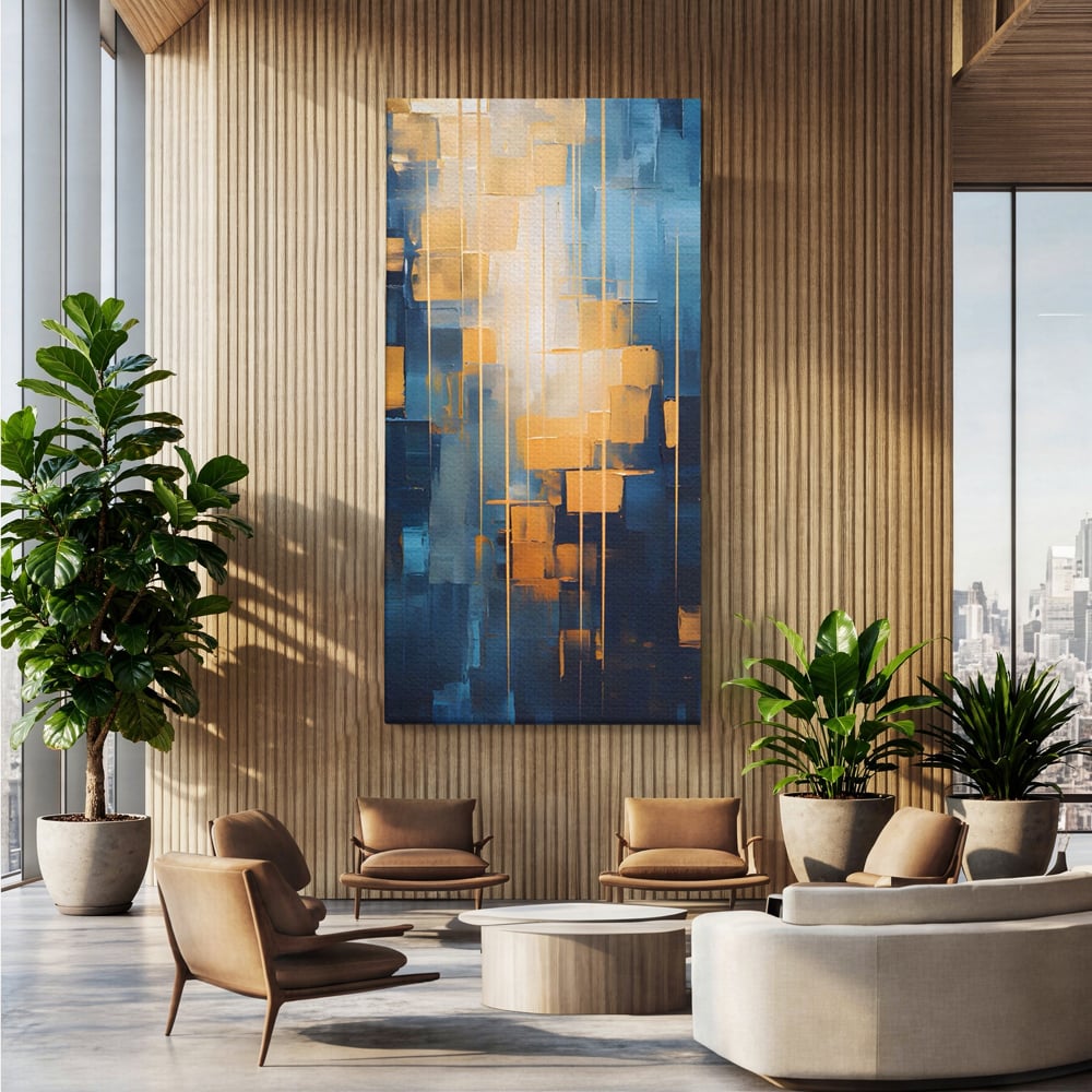 Tablou canvas cu pictura abstracta cu linii aurii, fara rama, pe sasiu de lemn, pe perete intr-un birou