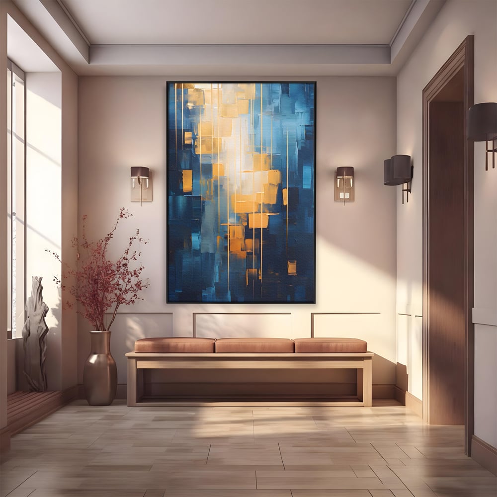 Tablou canvas cu pictura abstracta cu linii aurii, in rama de aluminiu negru
