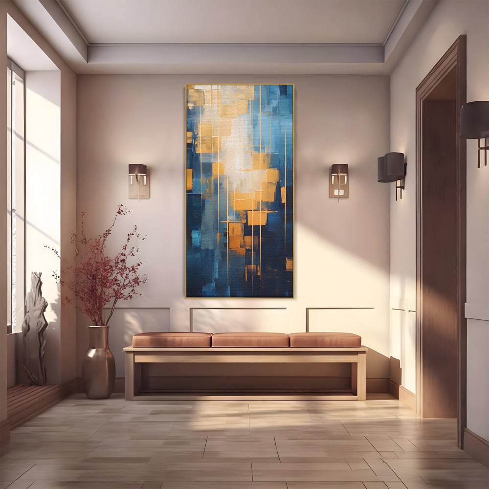 Tablou canvas cu pictura abstracta cu linii aurii, in rama de aluminiu auriu