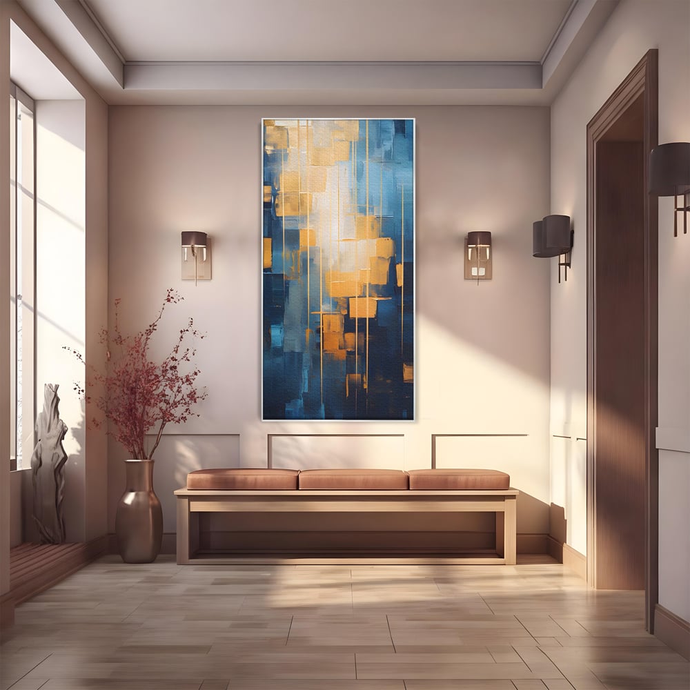 Tablou canvas cu pictura abstracta cu linii aurii, in rama de aluminiu argintiu