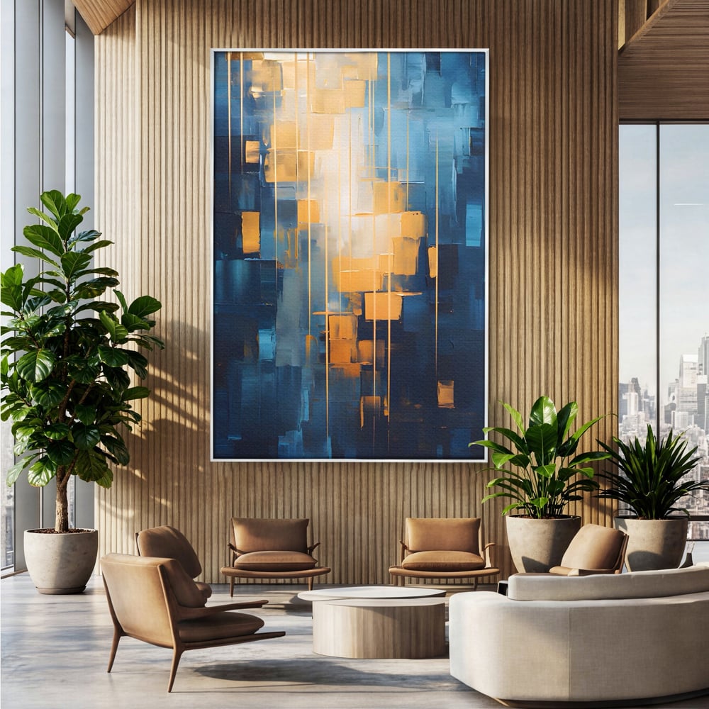 Tablou canvas cu pictura abstracta cu linii aurii, in rama de aluminiu argintiu, pe perete intr-un birou