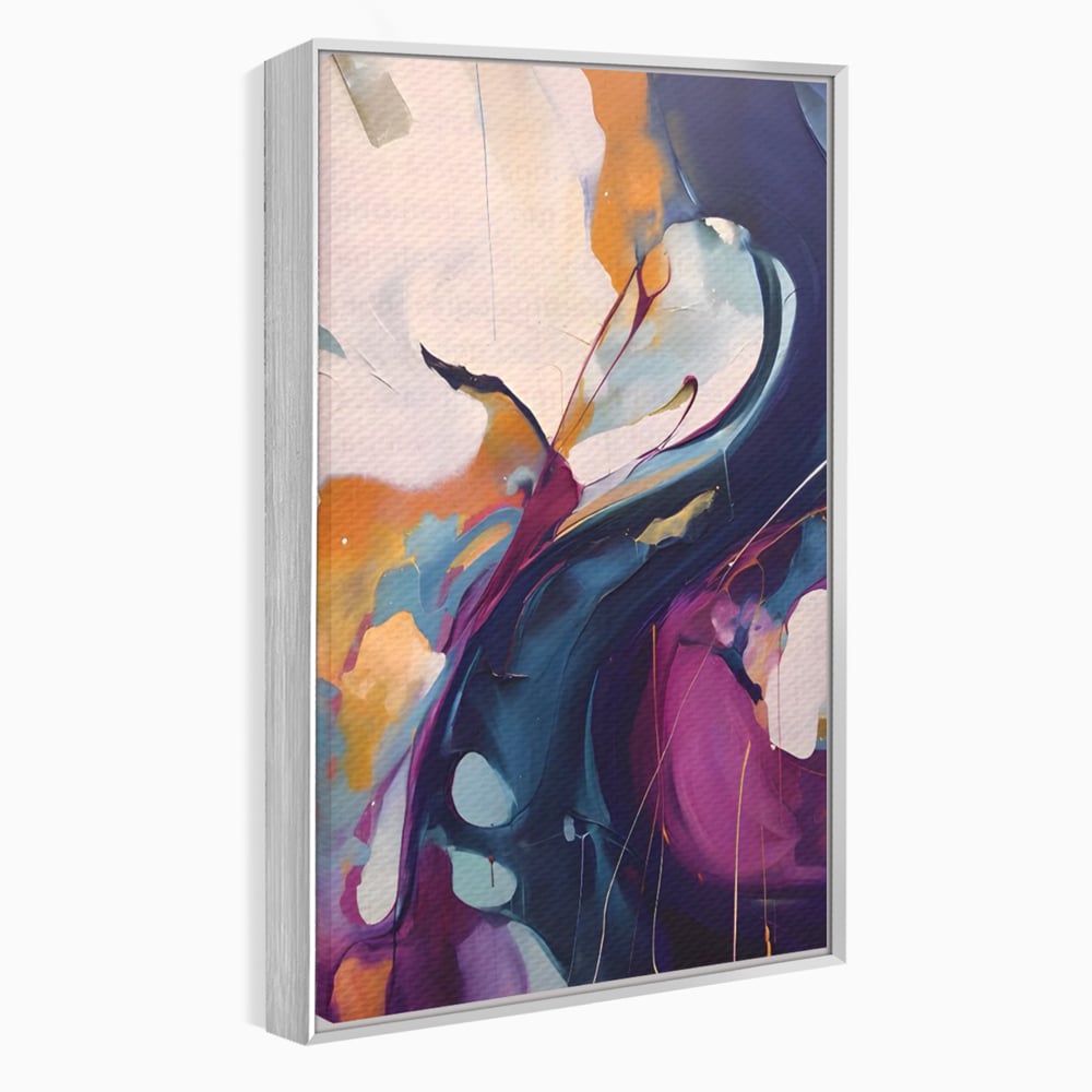 Tablou canvas cu pictura abstracta cu curbe fluide, in rama de aluminiu argintiu
