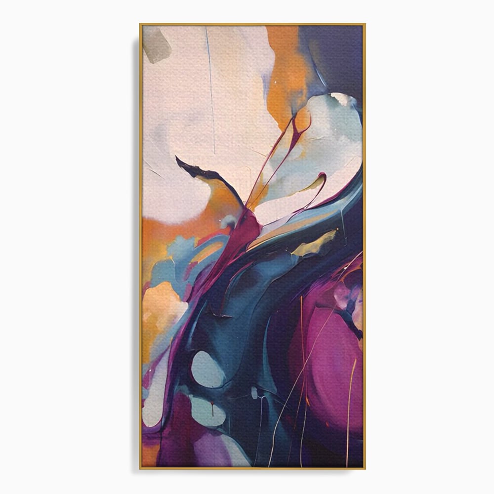 Tablou canvas cu pictura abstracta cu curbe fluide, in rama de aluminiu auriu