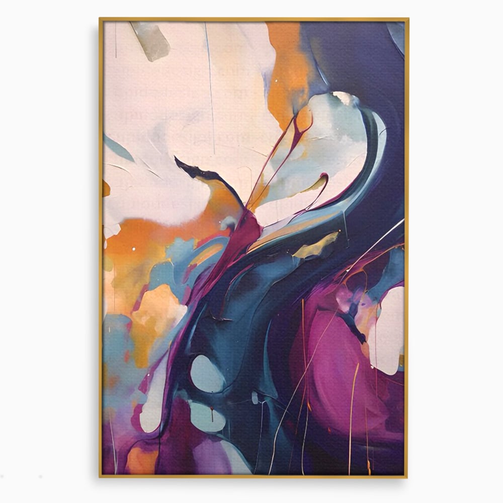 Tablou canvas cu pictura abstracta cu curbe fluide, in rama de aluminiu auriu