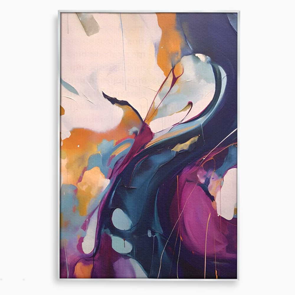 Tablou canvas cu pictura abstracta cu curbe fluide, in rama de aluminiu argintiu