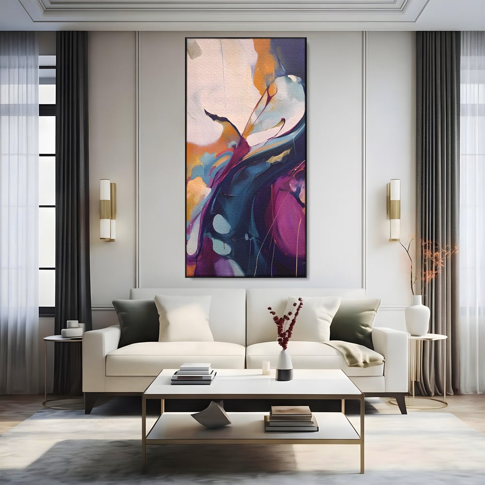 Tablou canvas cu pictura abstracta cu curbe fluide, in rama de aluminiu negru, pe perete intr-un living