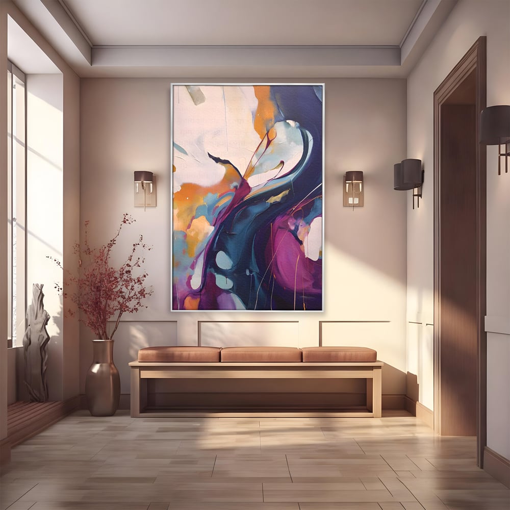 Tablou canvas cu pictura abstracta cu curbe fluide, in rama de aluminiu argintiu
