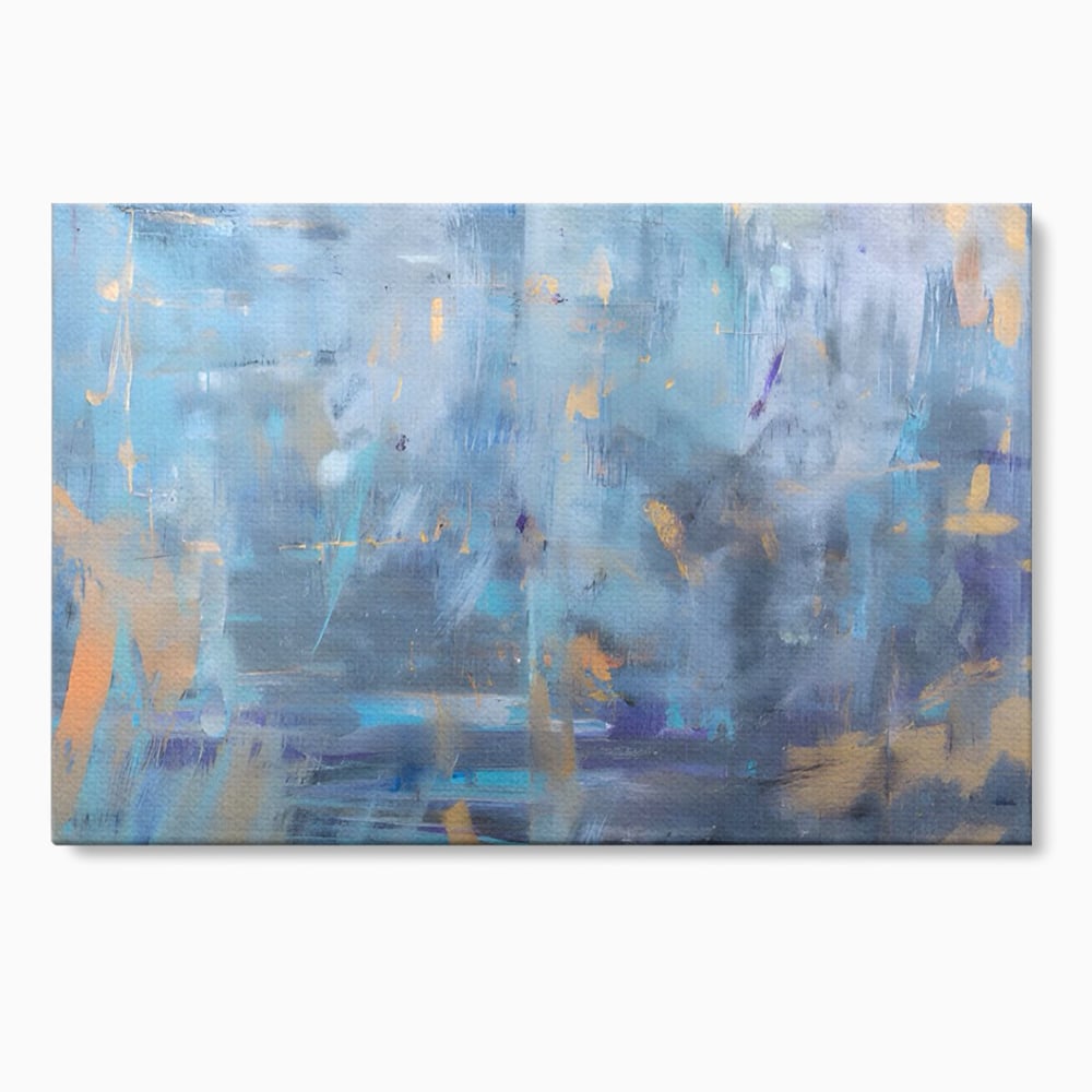 Tablou canvas cu pictura abstracta cu pete aurii si albastre, fara rama, pe sasiu de lemn