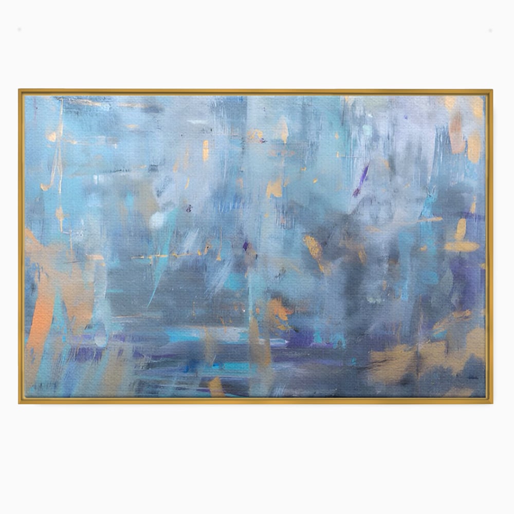 Tablou canvas cu pictura abstracta cu pete aurii si albastre, in rama de aluminiu auriu