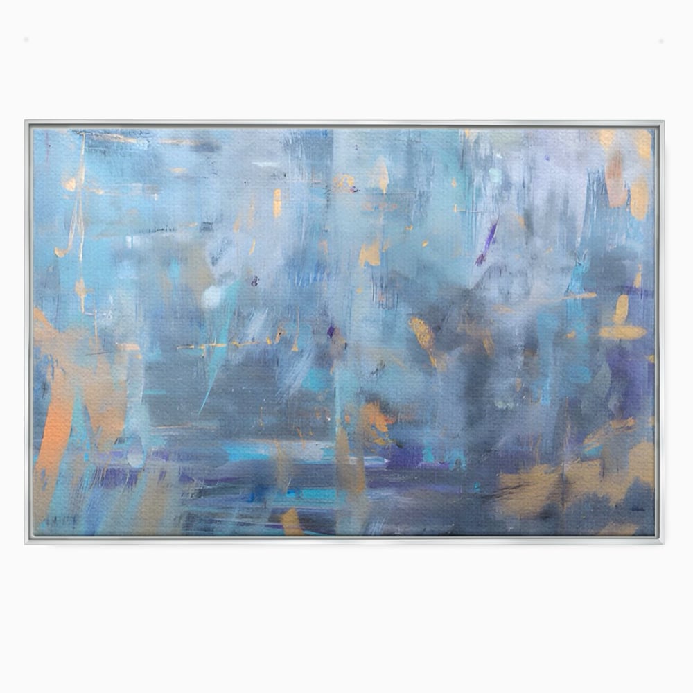 Tablou canvas cu pictura abstracta cu pete aurii si albastre, in rama de aluminiu argintiu