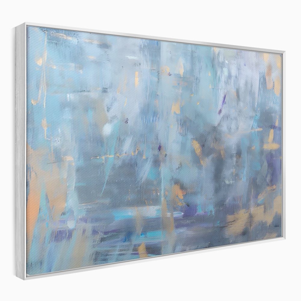Tablou canvas cu pictura abstracta cu pete aurii si albastre, in rama de aluminiu argintiu