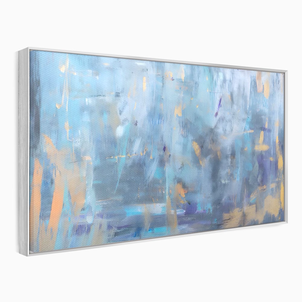 Tablou canvas cu pictura abstracta cu pete aurii si albastre, in rama de aluminiu argintiu