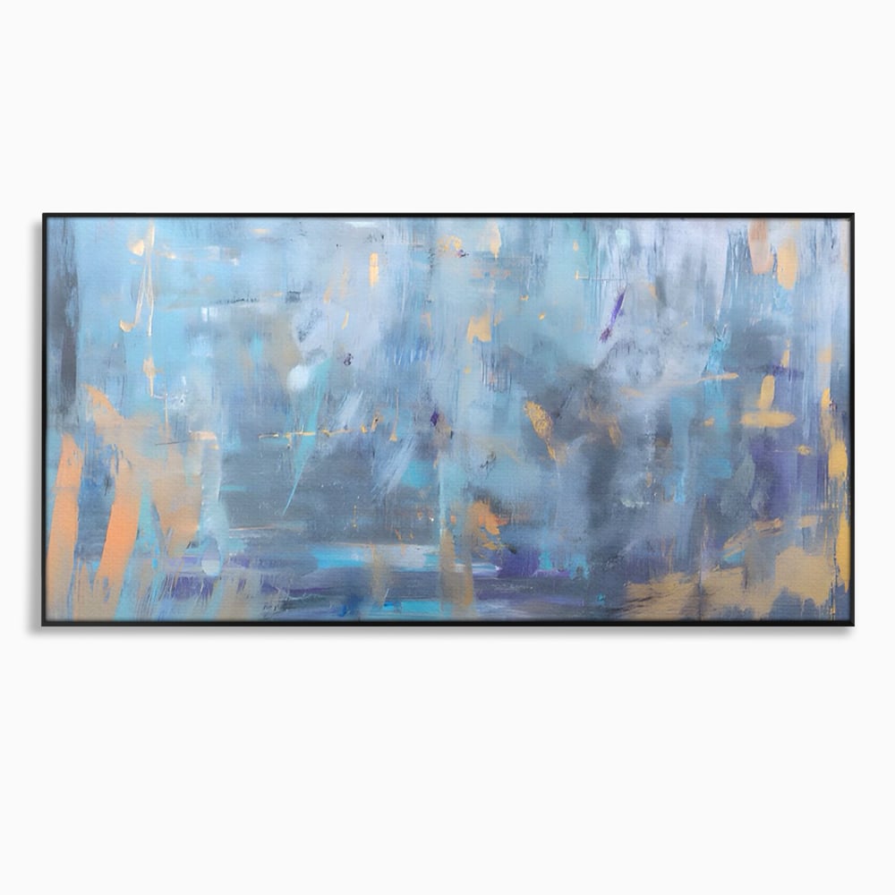 Tablou canvas cu pictura abstracta cu pete aurii si albastre, in rama de aluminiu negru