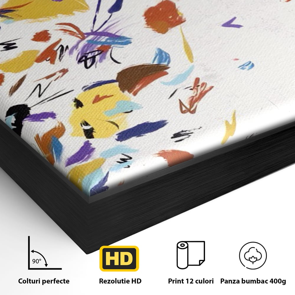 Detaliu al suprafetei: pictura abstracta cu frunze colorate, in rama de aluminiu negru