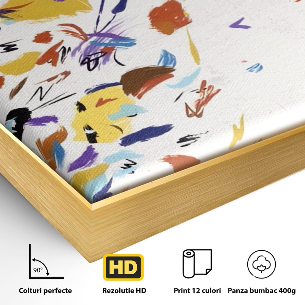 Detaliu al suprafetei: pictura abstracta cu frunze colorate, in rama de aluminiu auriu