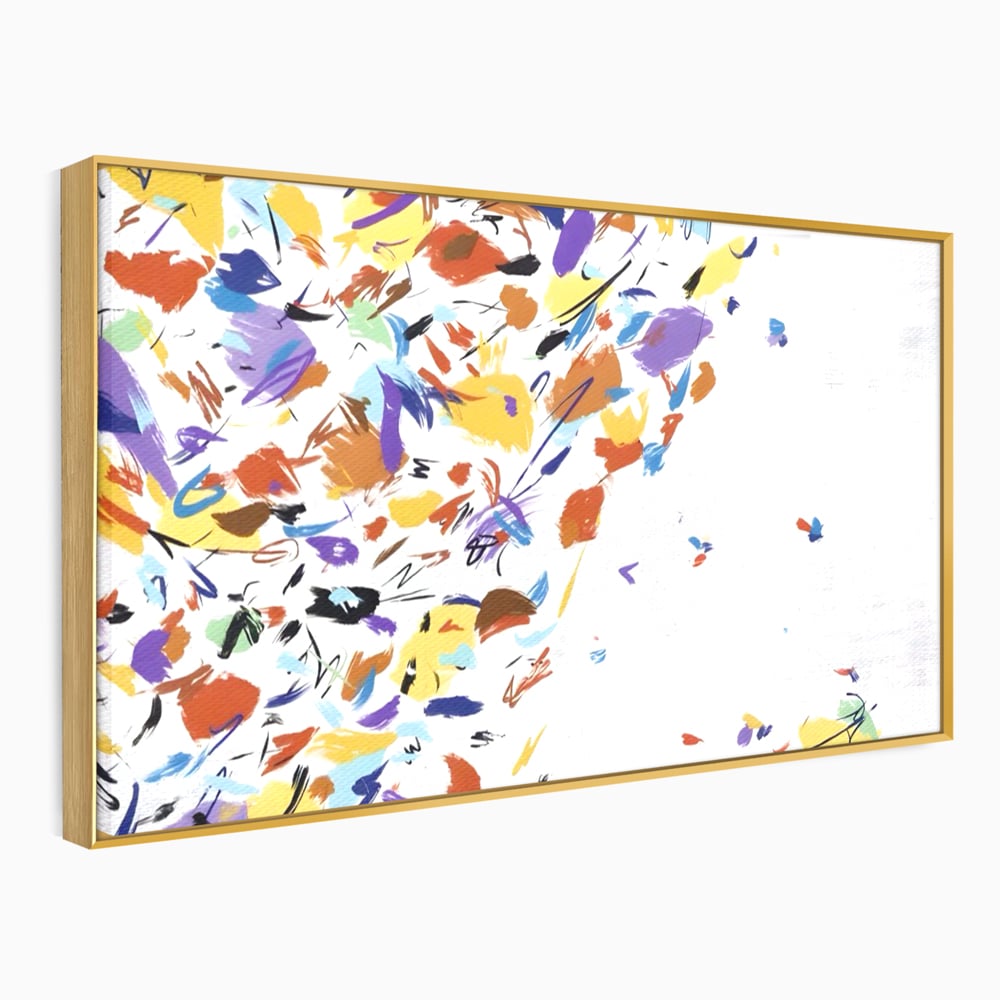 Tablou canvas cu pictura abstracta cu frunze colorate, in rama de aluminiu auriu
