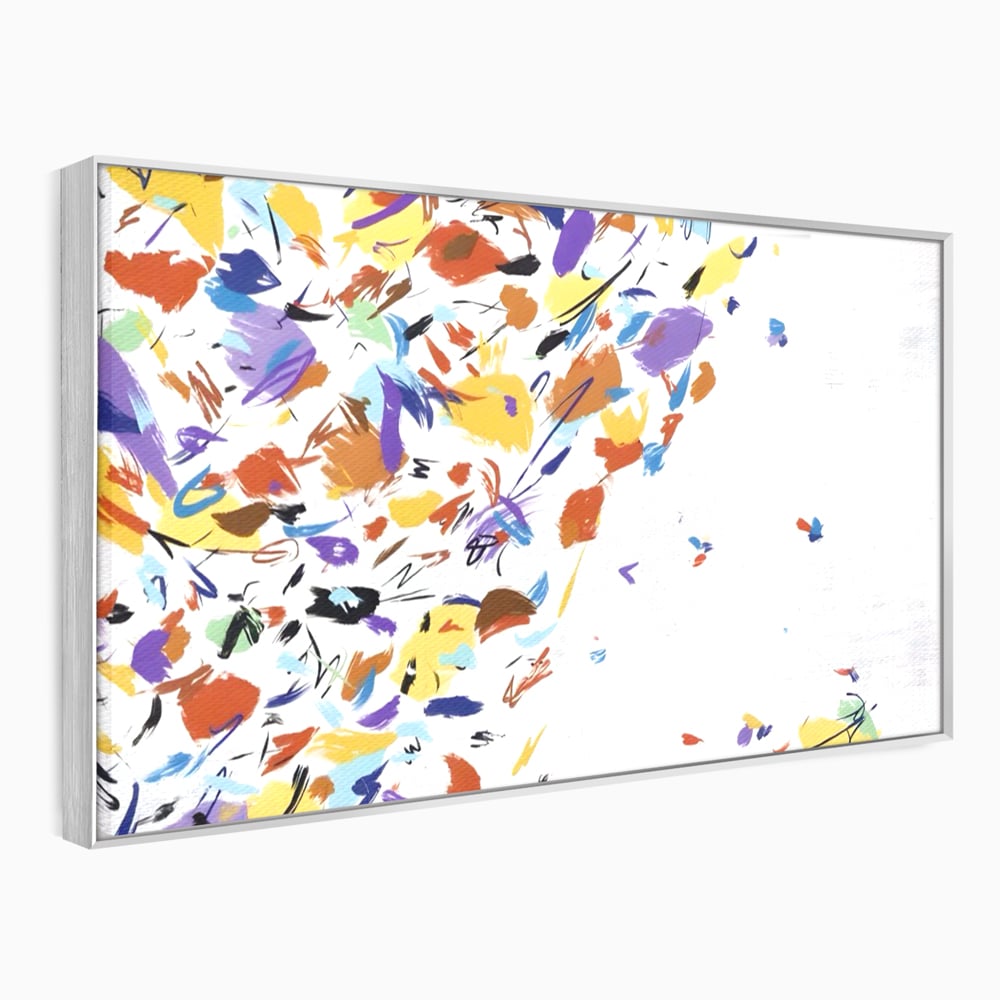 Tablou canvas cu pictura abstracta cu frunze colorate, in rama de aluminiu argintiu