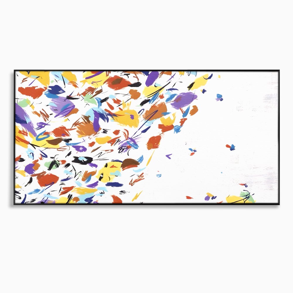 Tablou canvas cu pictura abstracta cu frunze colorate, in rama de aluminiu negru