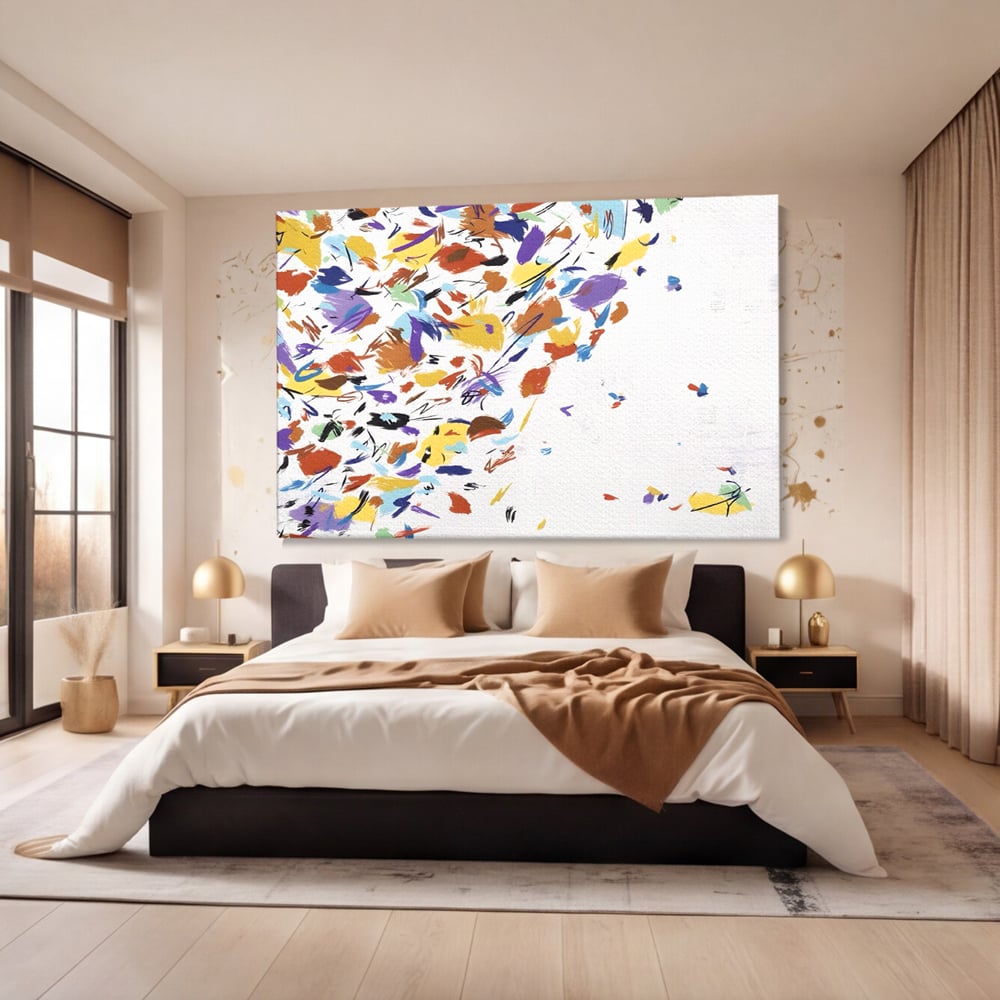 Tablou canvas cu pictura abstracta cu frunze colorate, fara rama, pe sasiu de lemn, pe perete intr-un dormitor